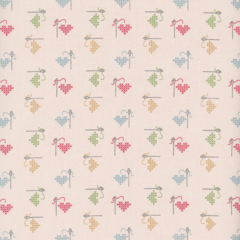 Ditsy cross-stitched hearts with threaded sewing needles on a light pink background.