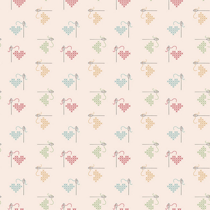 Ditsy cross-stitched hearts with threaded sewing needles on a light pink background.