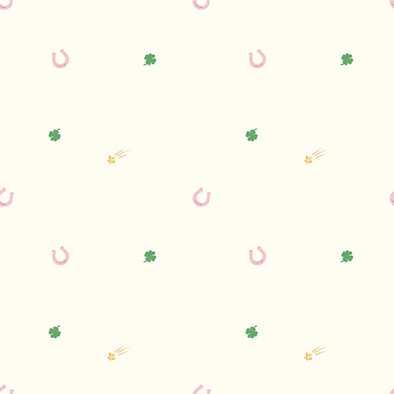 Cream fabric with tossed horseshoes, shooting stars, and four leaf clovers.