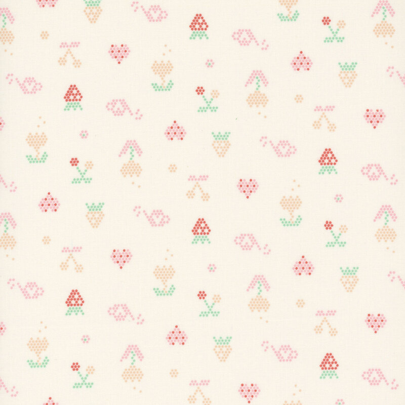 Light cream fabric with pointillism hearts, watering cans, fruits, and flowers.