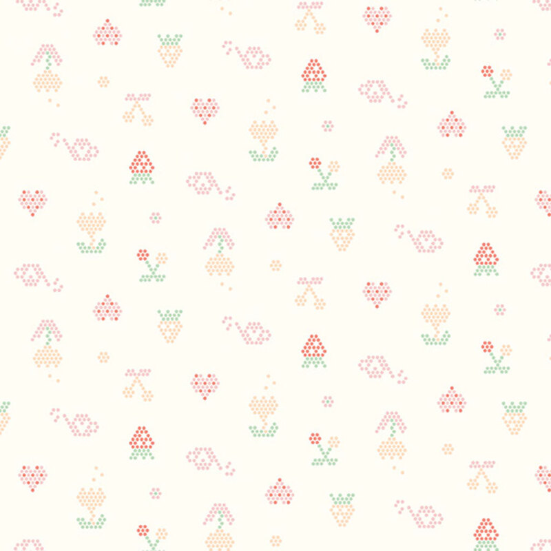 Light cream fabric with pointillism hearts, watering cans, fruits, and flowers.