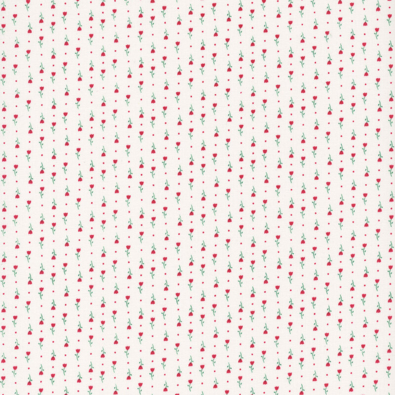 White fabric with columns of red tulips.