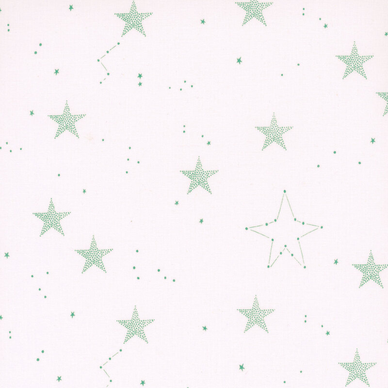 White fabric with pointillism stars and starts connected by dot like constellations.