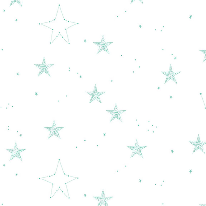 White fabric with pointillism stars and starts connected by dot like constellations.