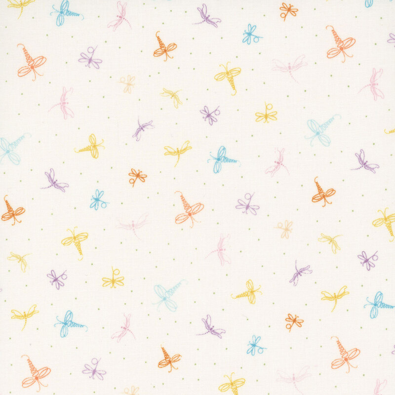 Light cream fabric with buzzing dragonflies on a polka dotted background.
