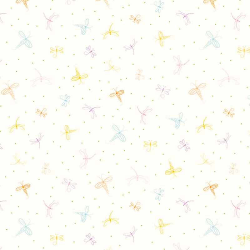 Light cream fabric with buzzing dragonflies on a polka dotted background.