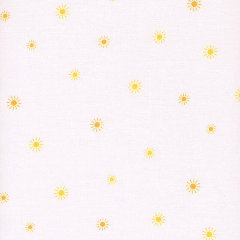 Orange and yellow sunbursts on a white background.