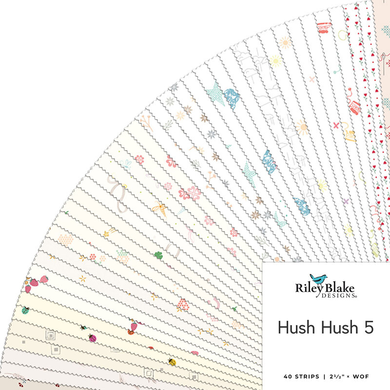 A fanned collage of the simple, neutral fabrics included in the Hush Hush 5 2-1/2