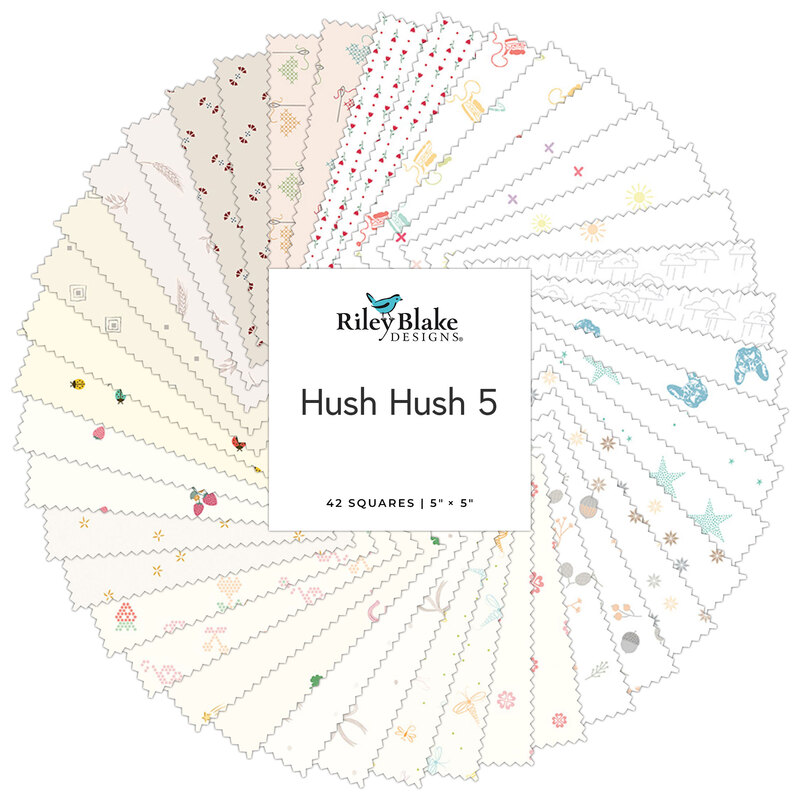 A spiral collage of the simple, neutral fabrics included in the Hush Hush 5 5