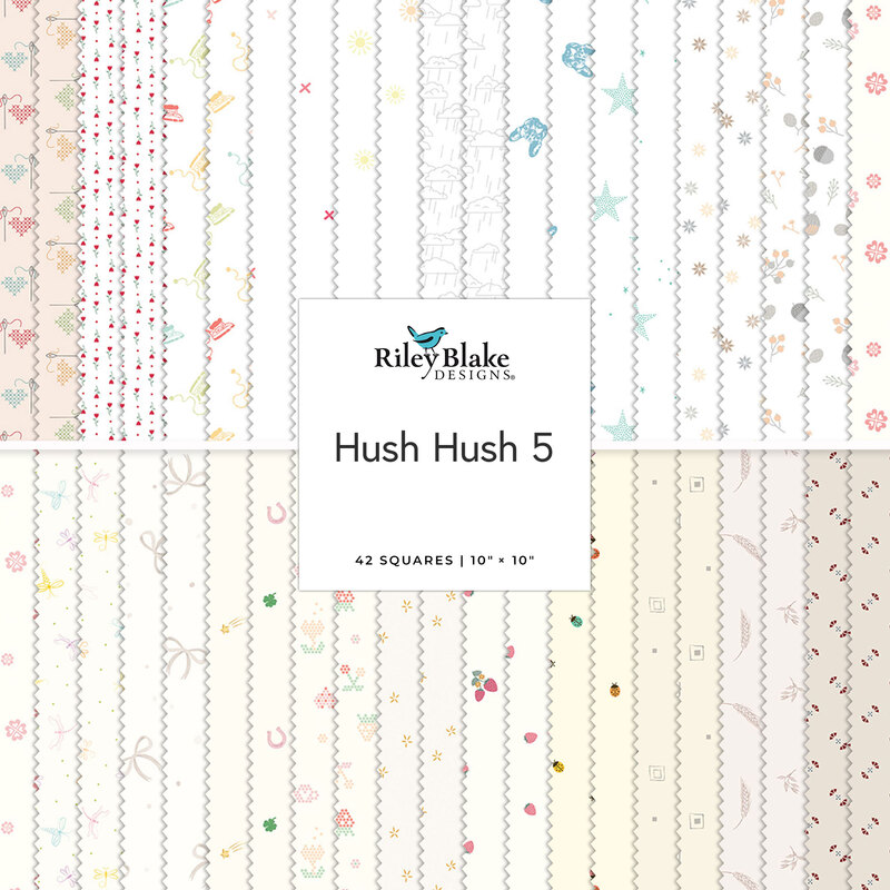 A stacked collage of the simple, neutral fabrics included in the Hush Hush 5 10