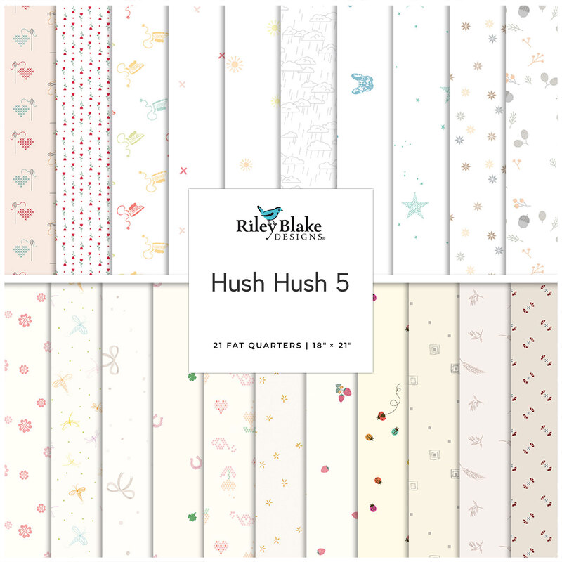 A stacked collage of the simple, neutral fabrics included in the Hush Hush 5 FQ Set.