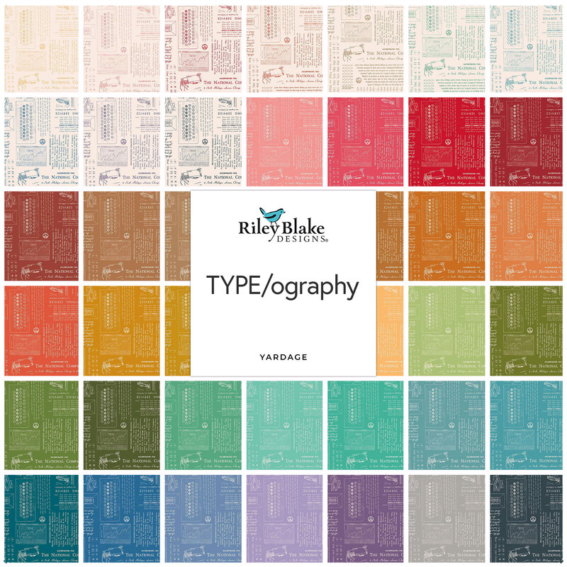 A grid of colorful fabric swatches featuring various typography designs by Riley Blake Designs.