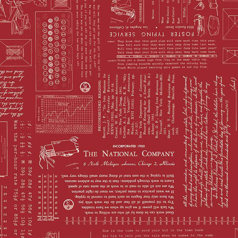 Vintage patterned fabric featuring various types of text, graphs, and illustrations on a red field.