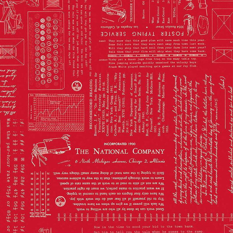 Red fabric featuring text, graphs, and illustrations related to The National Company.