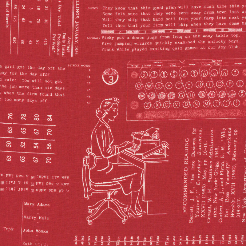 Red fabric adorned with vintage patterns and typing motifs.