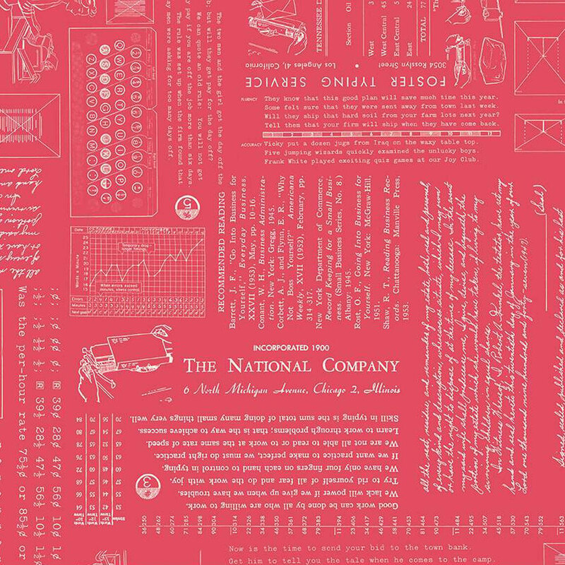 fabric pattern featuring vintage typography, illustrations of typewriters, and text about The National Company.