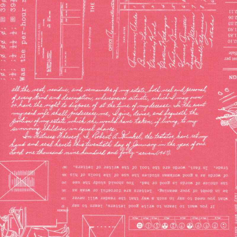 Bright pink fabric adorned with vintage patterns and typing motifs.