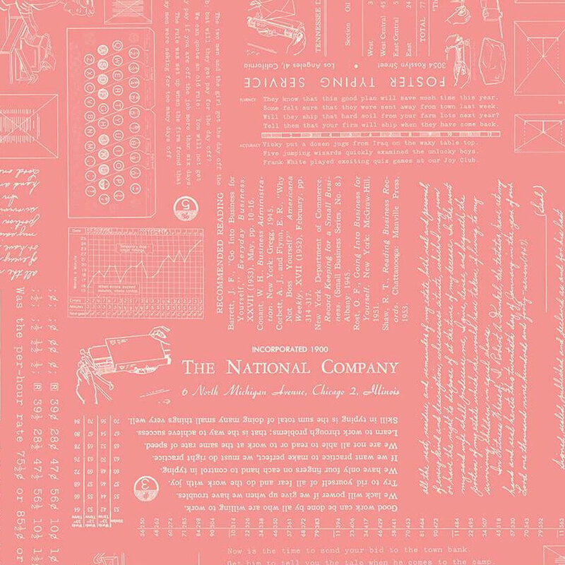 Fabric featuring typewriter illustrations, graphs, and text on a coral background.