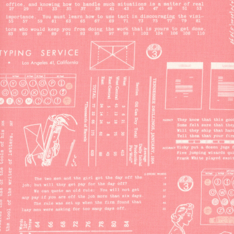 Pink fabric adorned with vintage patterns and typing motifs.