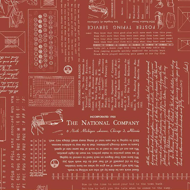 fabric pattern featuring vintage illustrations, typewriter, envelopes, and text in muted red tones.