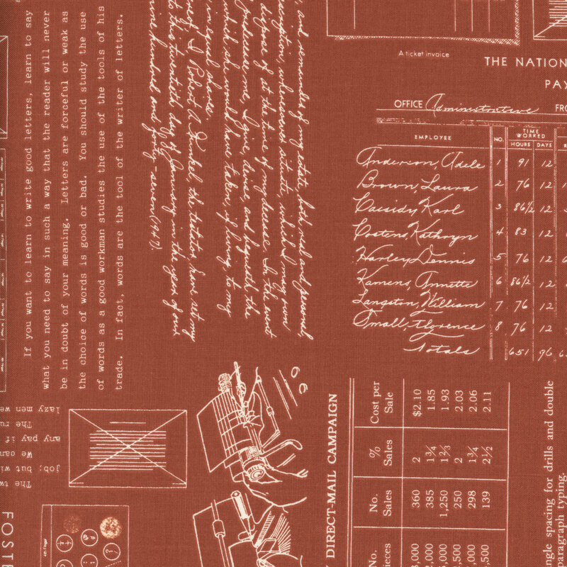 Terracotta brown fabric adorned with vintage patterns and typing motifs.