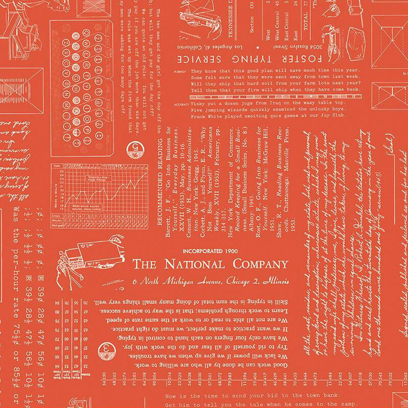 Red-orange fabric with vintage text, graphs, and illustrations related to postal service and typewriting.