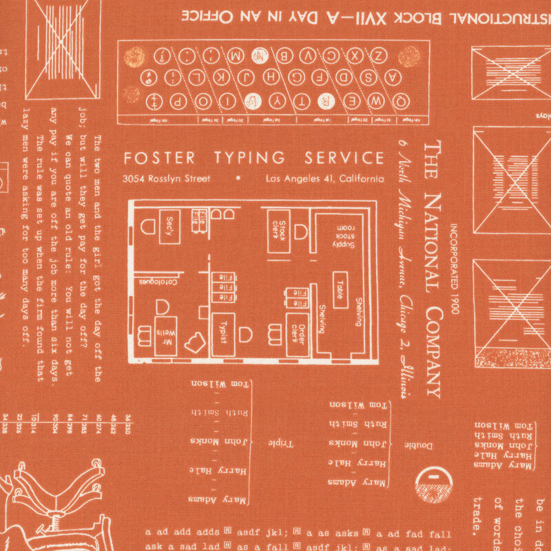 Burnt orange fabric adorned with vintage patterns and typing motifs.