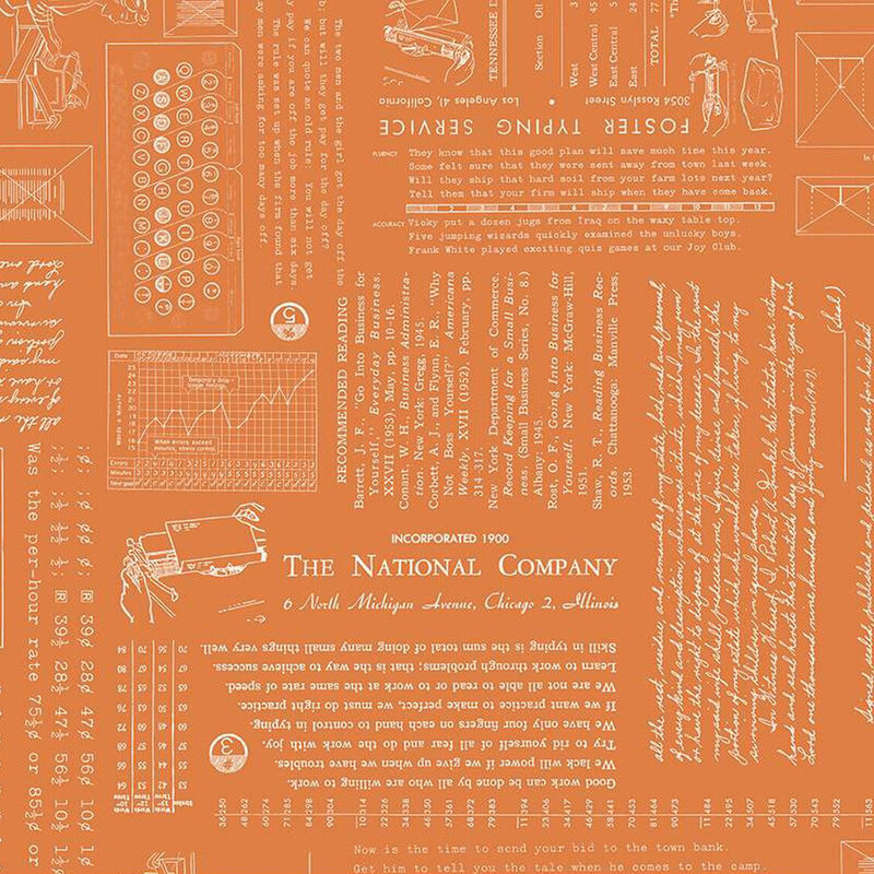 Orange fabric with vintage-style illustrations, text, and diagrams related to The National Company.