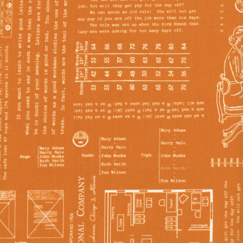 Orange fabric adorned with vintage patterns and typing motifs.