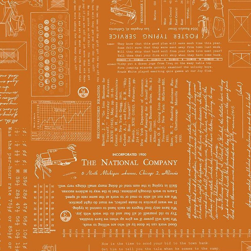 fabric pattern featuring vintage typography, graphs, and illustrations on an orange backdrop.