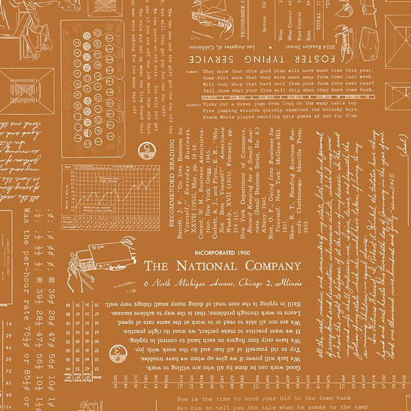 A vintage-inspired patterned fabric featuring text, graphs, and illustrations related to postal service.