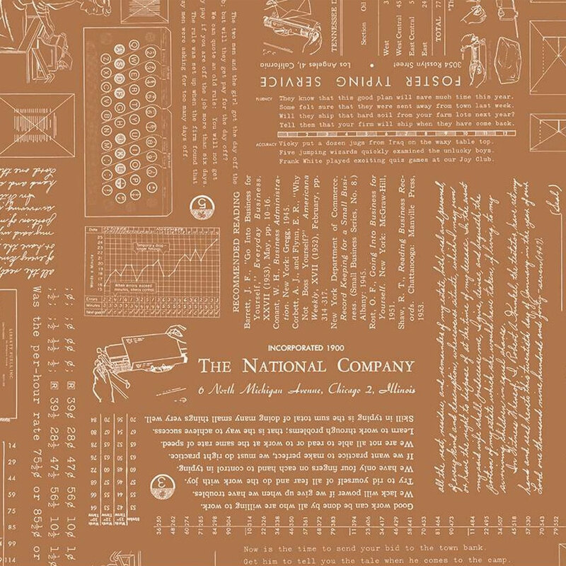 A vintage-style fabric featuring text, diagrams, and illustrations related to The National Company.