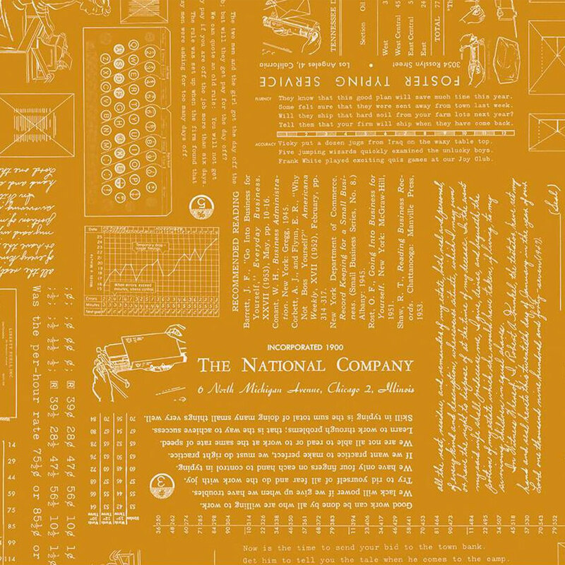 Vintage-style fabric featuring yellowed paper with text, graphs, and illustrations of postal service items.