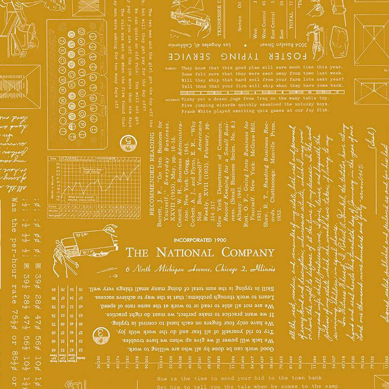 A fabric featuring vintage printing elements, text, and graphs on a mustard-colored surface.