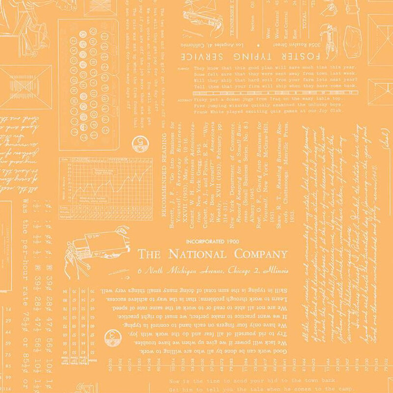 Vintage-style wallpaper in orange with various text elements, typewriter illustrations, and graphs.