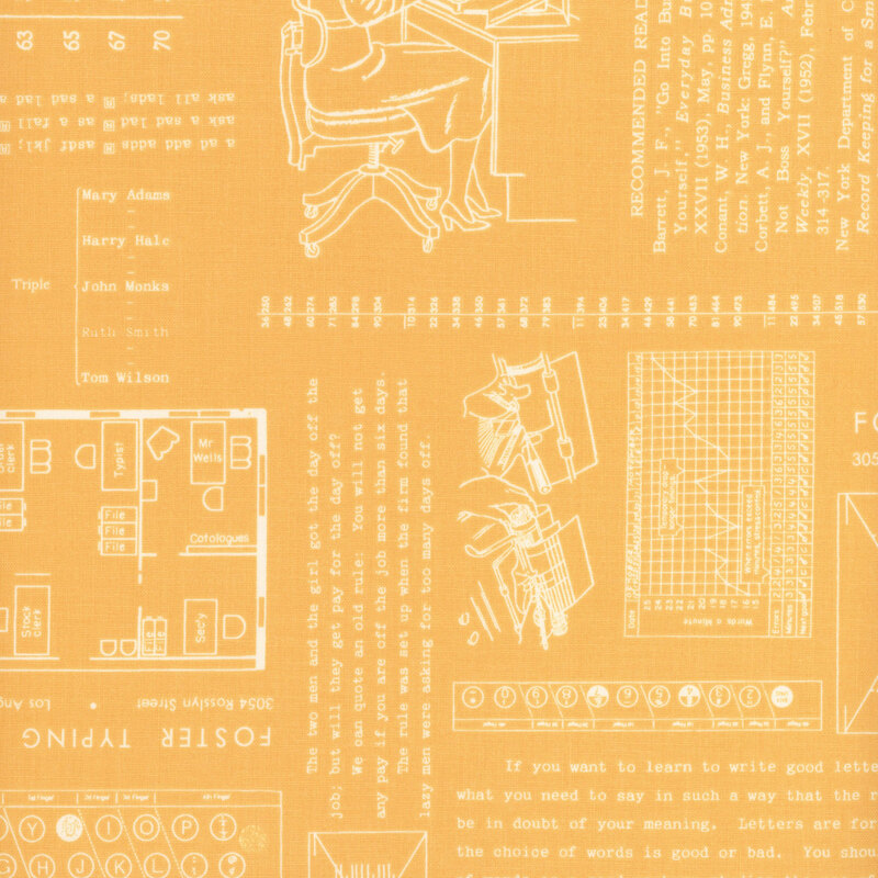 Bright yellow fabric adorned with vintage patterns and typing motifs.