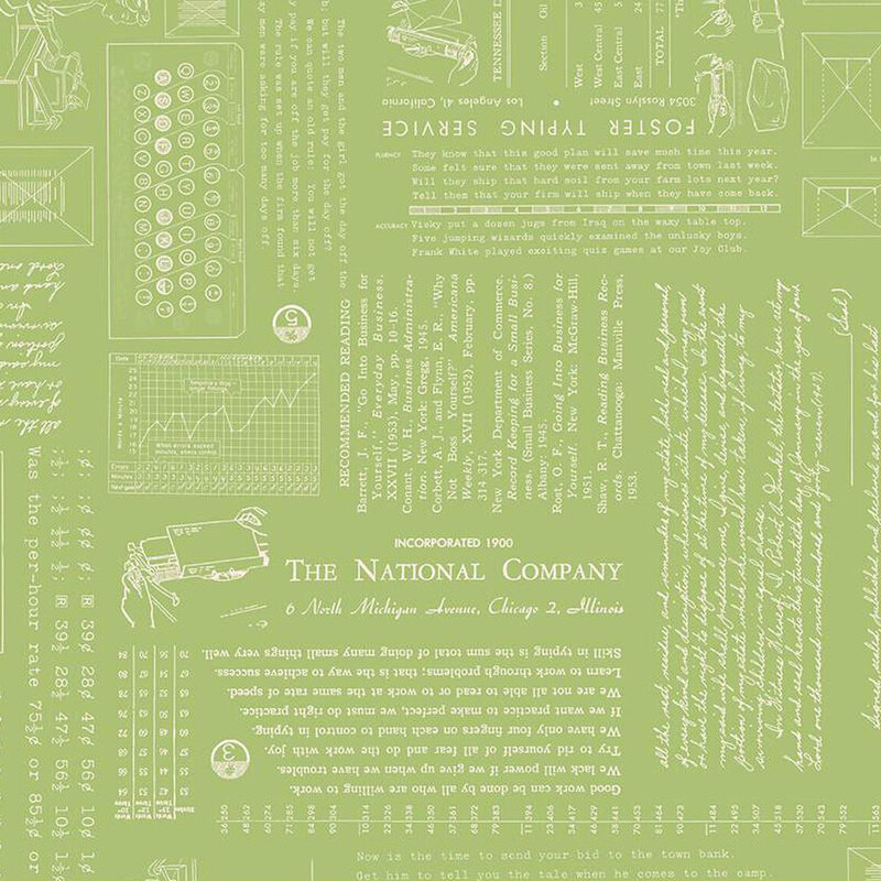 A green fabric featuring vintage typography, graphs, and illustrations of typewriters.