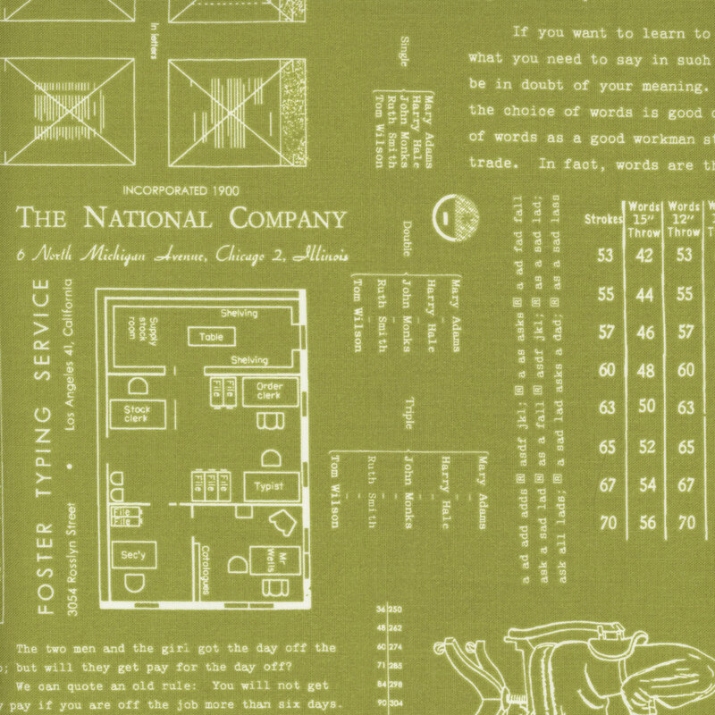 Light green fabric adorned with vintage patterns and typing motifs.