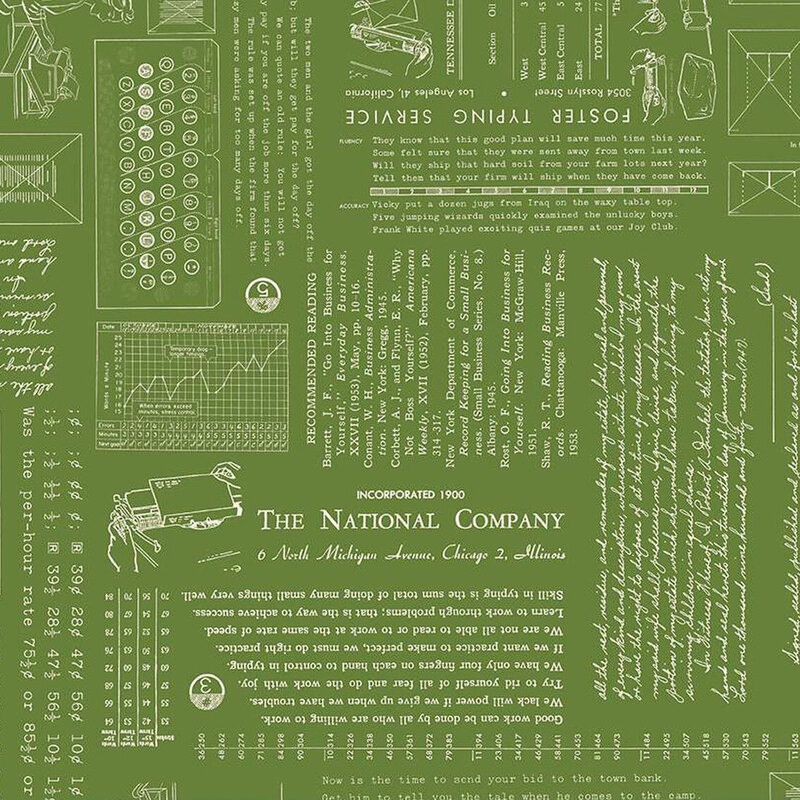 fabric pattern featuring vintage text, diagrams, and illustrations on a green surface.