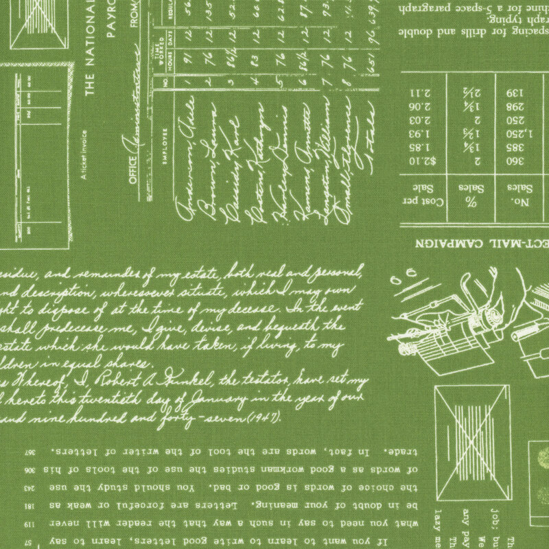 Green fabric adorned with vintage patterns and typing motifs.