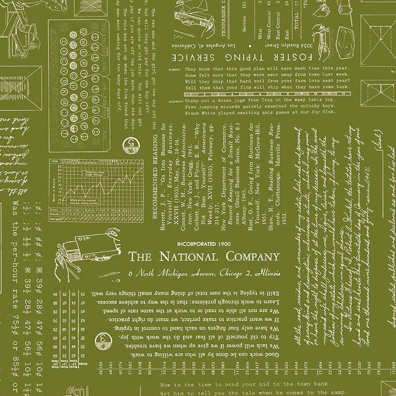 fabric featuring vintage text, typewriter graphics, and charts on an olive green canvas.