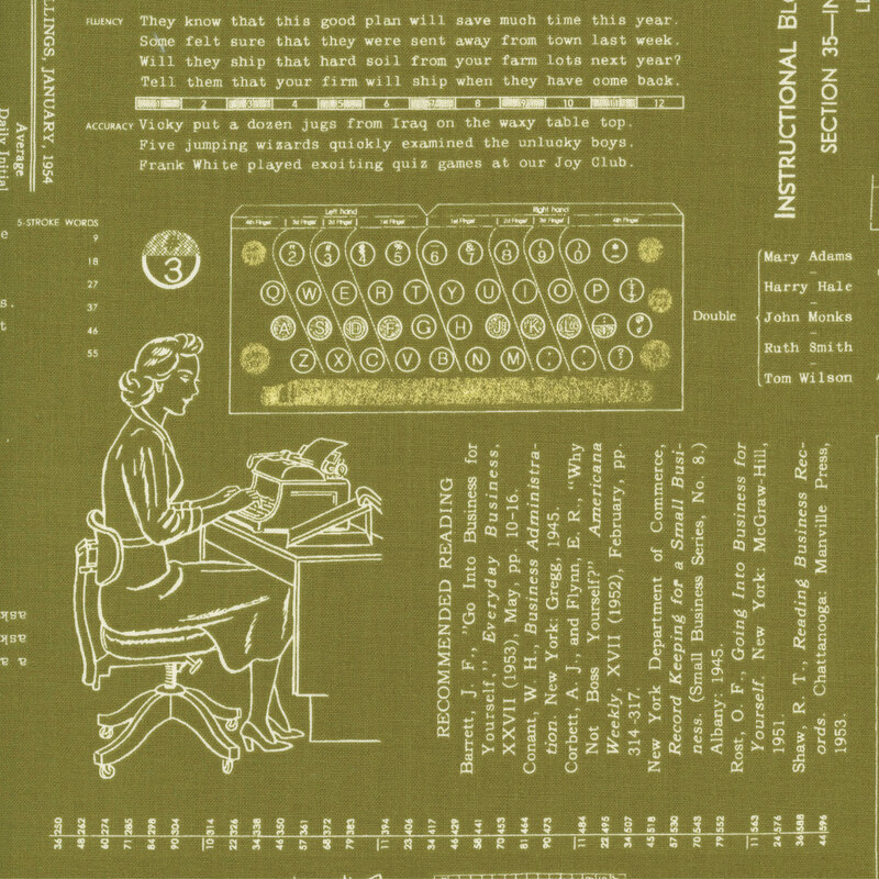 Green fabric adorned with vintage patterns and typing motifs.