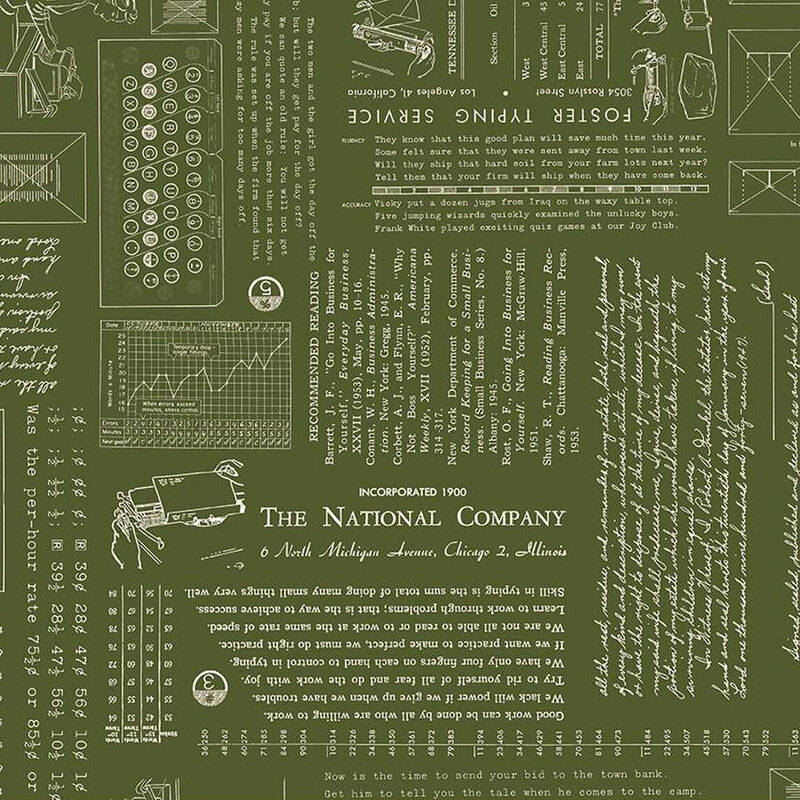 fabric pattern featuring vintage typography, charts, and illustrations in white on a dark green surface.