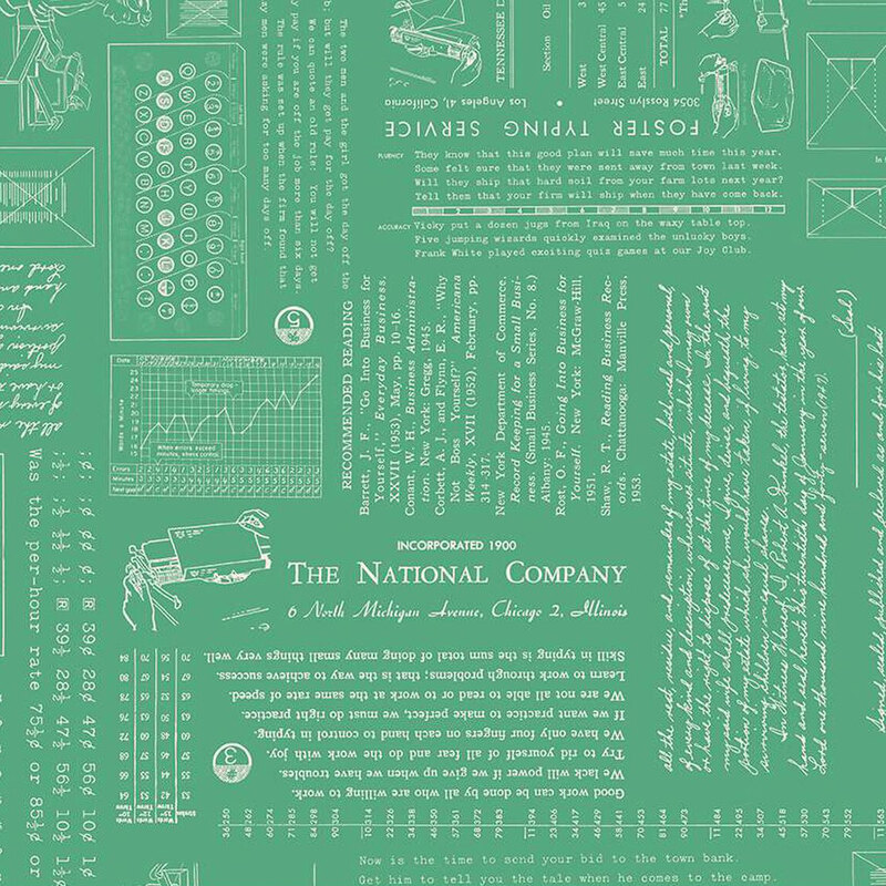 Vintage-style illustration featuring various typeset texts, graphs, and images on a green background.