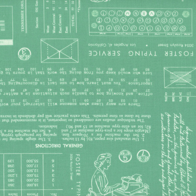Mint green fabric adorned with vintage typography motifs.