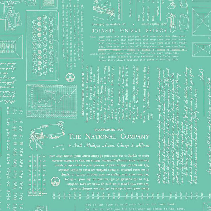 A textured teal background featuring vintage typing illustrations, charts, and faded text.