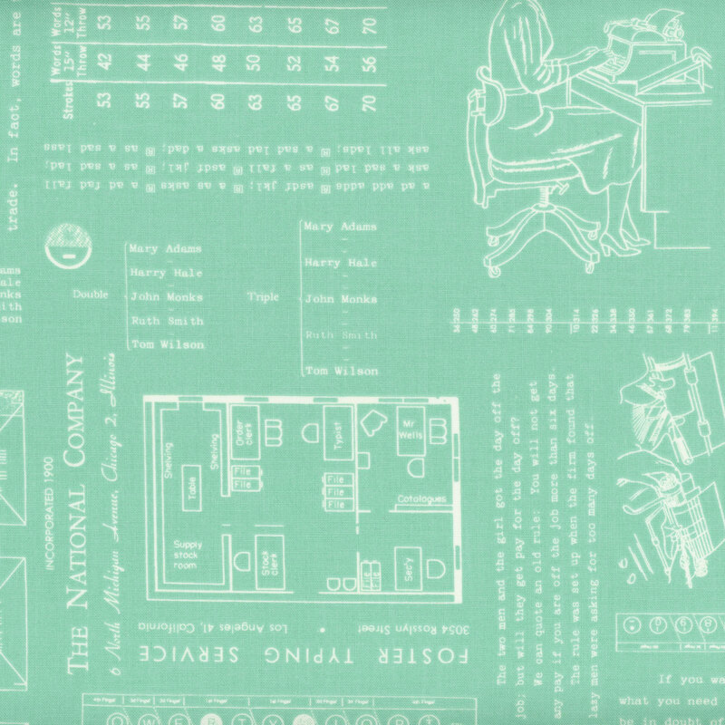 Teal fabric adorned with vintage patterns and typing motifs.