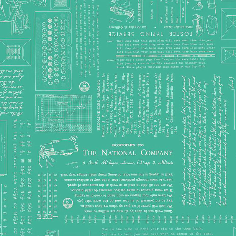 Design featuring mint green background with vintage newspaper and postal service illustrations and text.