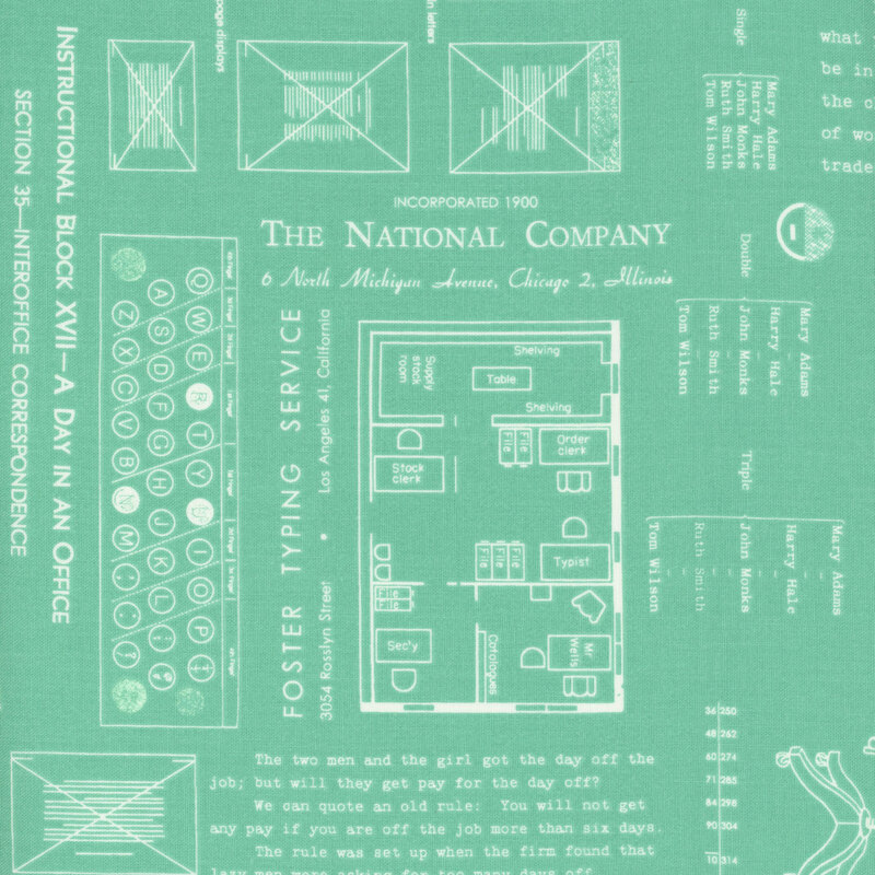 Teal fabric adorned with vintage patterns and typing motifs.