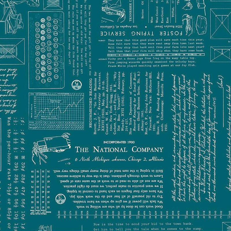 Pattern featuring vintage typography, illustrations of postal items, and graphs on a teal fabric.